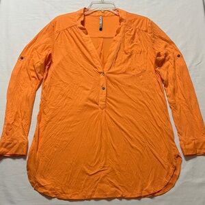 3 Olives Women’s Bright Orange V-Neck Henley Tunic Top w/Roll-Tab Sleeves - L